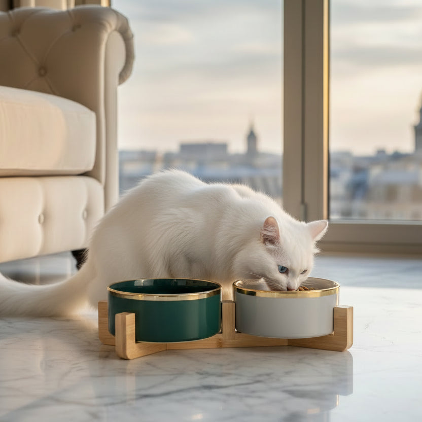 Un élégant chat blanc aux yeux bleus mangeant dans un ensemble duo comprenant une gamelle en céramique noire et une gamelle blanche avec liserés dorés, posé dans un salon luxueux avec vue panoramique sur Paris, signée Palais Félin Paris.