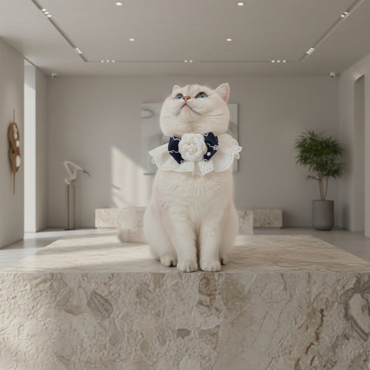 Collier pour chat Blanc Perle avec fleur en tissu et perles porté par un chat sur un socle en pierre dans un intérieur de standing - Palais Félin Paris.
