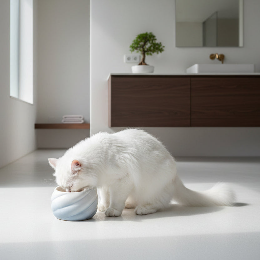 Écuelle haut de gamme pour chat en céramique gris brume au fini texturé et élégant, mise en scène dans un espace de vie contemporain et épuré, signé Palais Félin Paris.