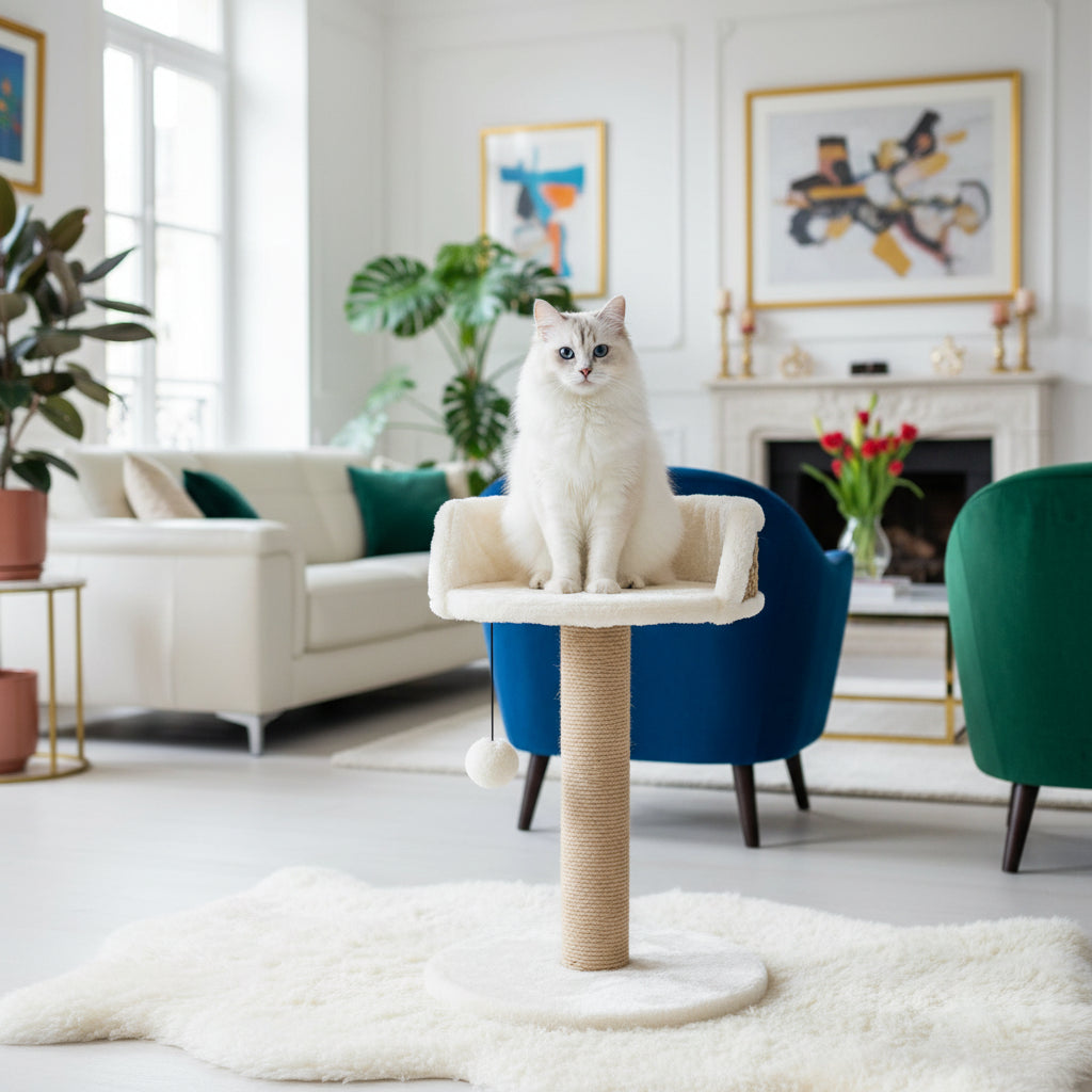 Chat blanc élégant trônant sur la Sellette Mistral, une chaise design pour chat alliant l'esthétique d'un mobilier de salon chic à la fonctionnalité d'un griffoir avec pompon de jeu intégré. Cette pièce de mobilier félin haut de gamme sublime votre intérieur tout en offrant un espace de repos privilégié. Une création signée Palais Félin Paris.