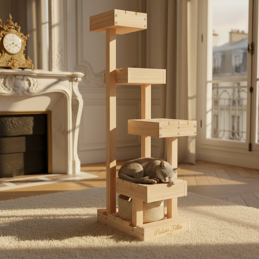  Un arbre à chat au design épuré, entièrement fabriqué en bois massif naturel, se dresse dans un salon luxueux et ensoleillé face à une fenêtre. Ambiance noble et chaleureuse.