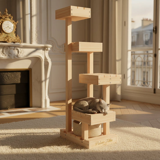  Un arbre à chat au design épuré, entièrement fabriqué en bois massif naturel, se dresse dans un salon luxueux et ensoleillé face à une fenêtre. Ambiance noble et chaleureuse.