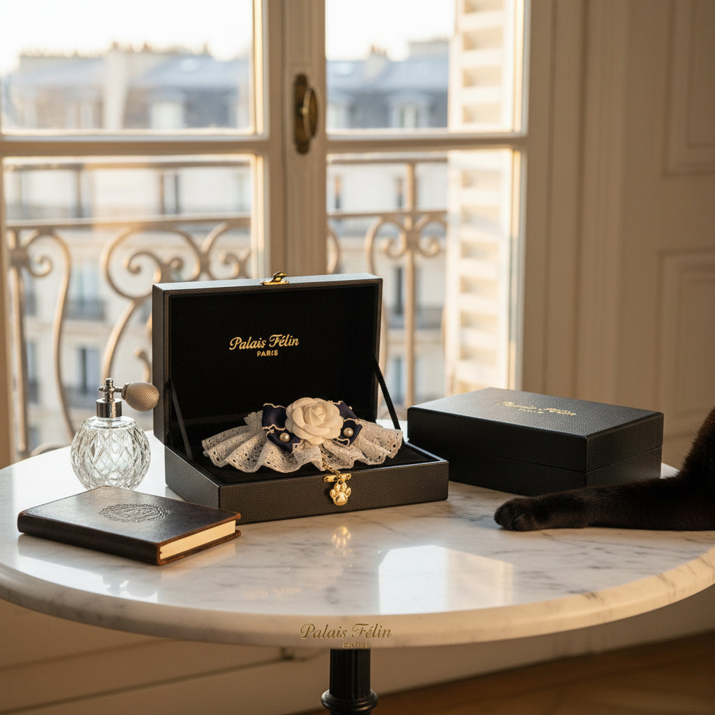 Un écrin à bijoux noir ouvert sur une table élégante face à une fenêtre parisienne, révélant un collier luxueux pour chat orné d'une fleur blanche. Ambiance chic.