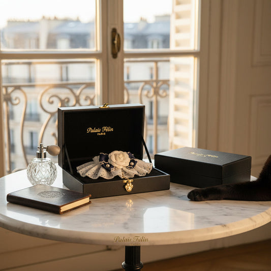 Un écrin à bijoux noir ouvert sur une table élégante face à une fenêtre parisienne, révélant un collier luxueux pour chat orné d'une fleur blanche. Ambiance chic.