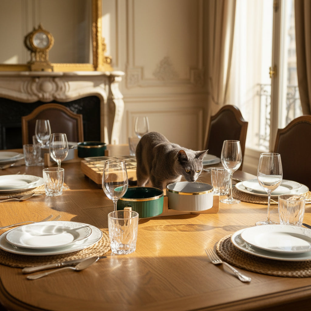  Un chat gris clair se tient sur une grande table de salle à manger luxueuse, dressée pour un banquet, et boit dans une gamelle design en céramique surélevée. Ambiance Palais Chic.