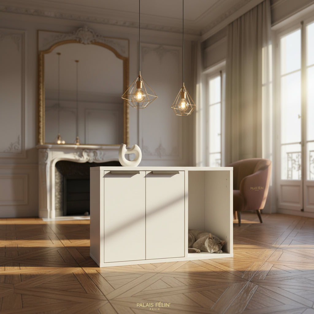Meuble cache-litière design et anti odeur de couleur blanche intégré dans un salon luxueux avec cheminée. Un chat se repose discrètement à l'intérieur de la niche.
