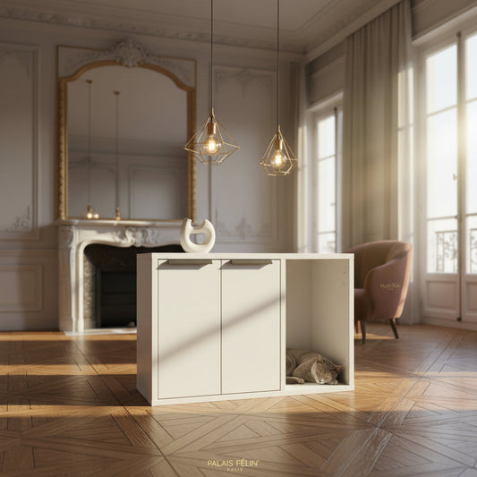 Meuble cache-litière design et anti odeur de couleur blanche intégré dans un salon luxueux avec cheminée. Un chat se repose discrètement à l'intérieur de la niche.