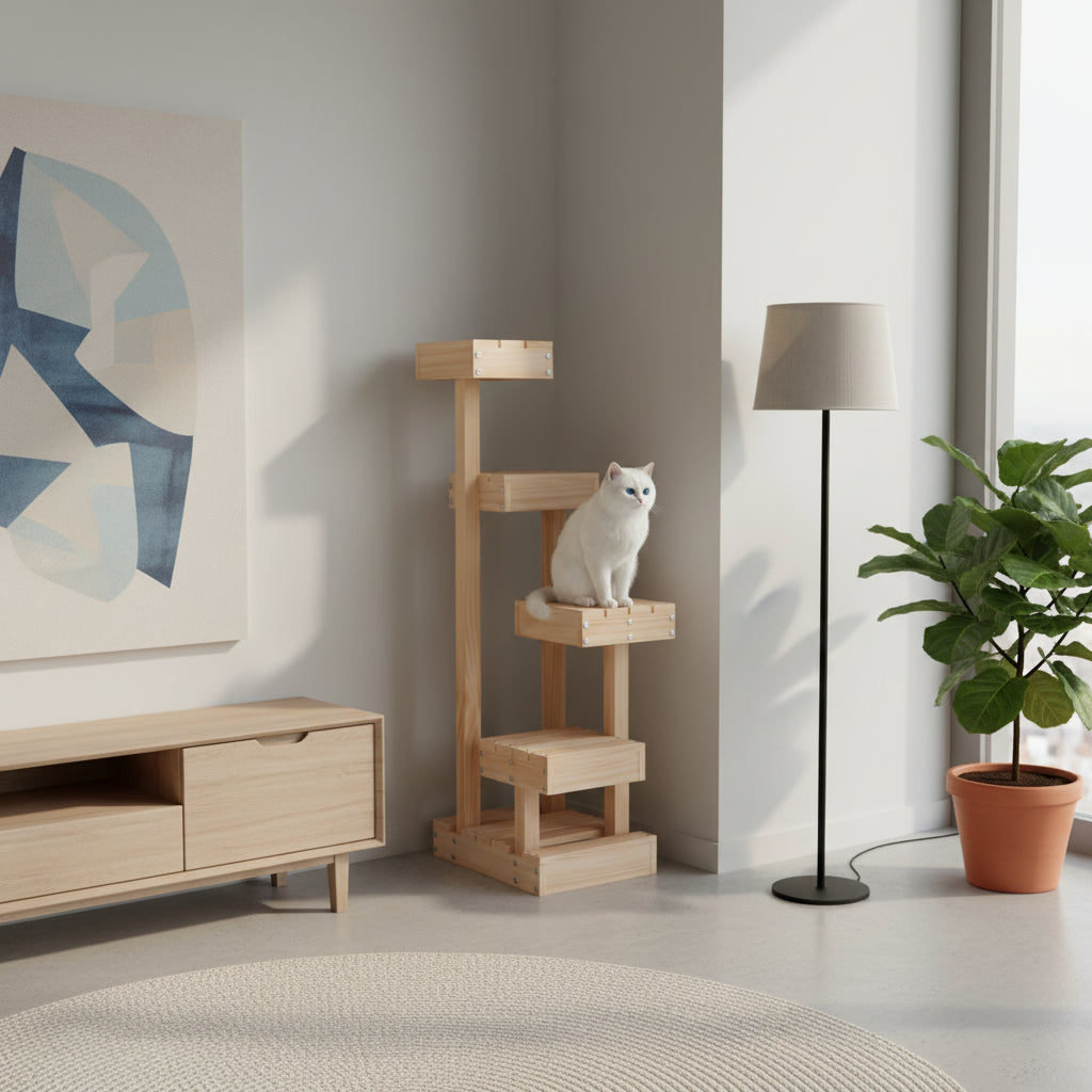 Arbre à chat design en bois naturel à plusieurs niveaux, offrant un parcours d'escalade et de repos minimaliste pour chat. La structure élégante est mise en scène dans un salon moderne et lumineux aux tons neutres, à côté d'une plante d'intérieur et d'un mobilier chic. Un accessoire de jeu et de bien-être félin qui préserve l'harmonie de votre décoration, signé Palais Félin Paris.