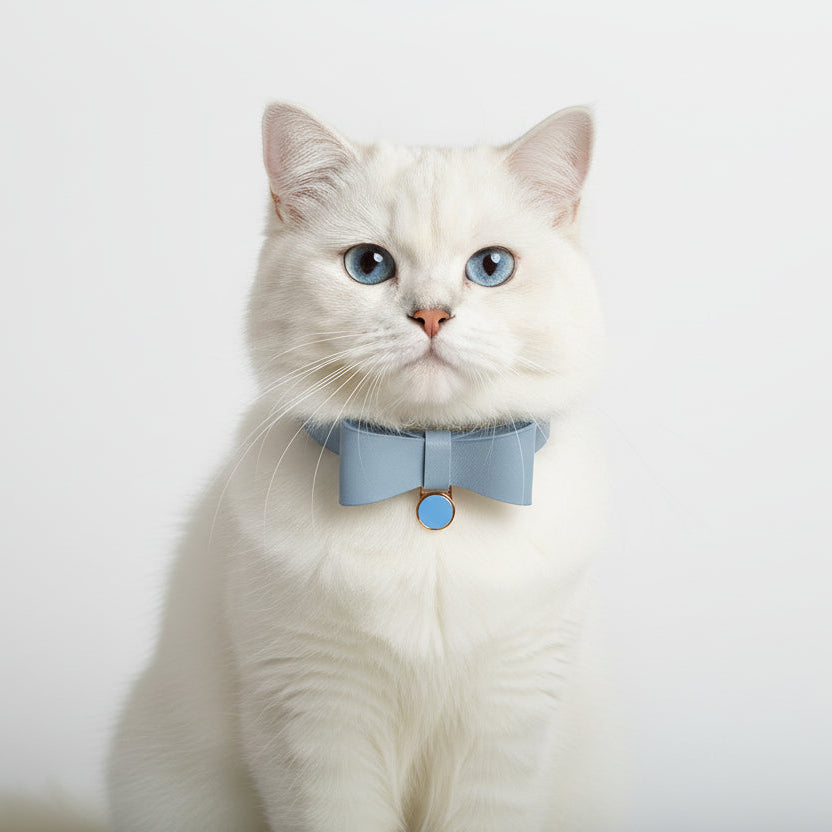 Portrait d'un chat blanc portant un collier en cuir bleu céleste avec nœud papillon et médaille dorée, isolé sur fond blanc, Palais Félin Paris.