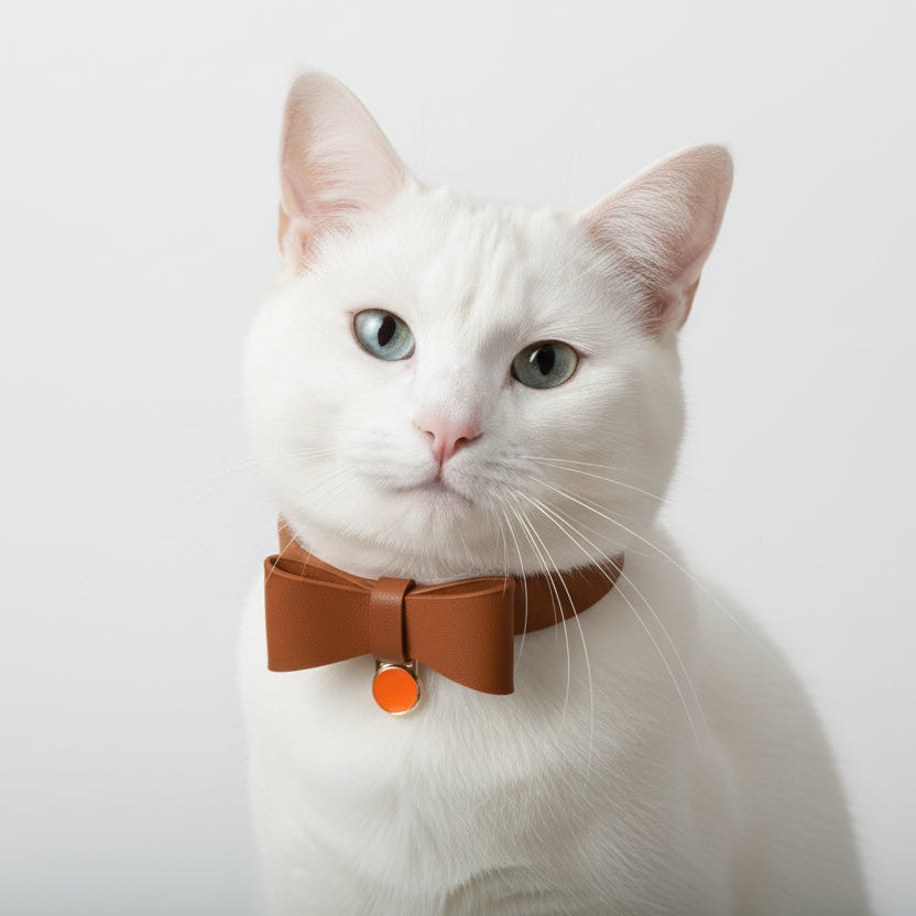 ​Portrait d'un chat blanc portant un collier en cuir marron avec nœud papillon et médaille dorée, isolé sur fond blanc, Palais Félin Paris.