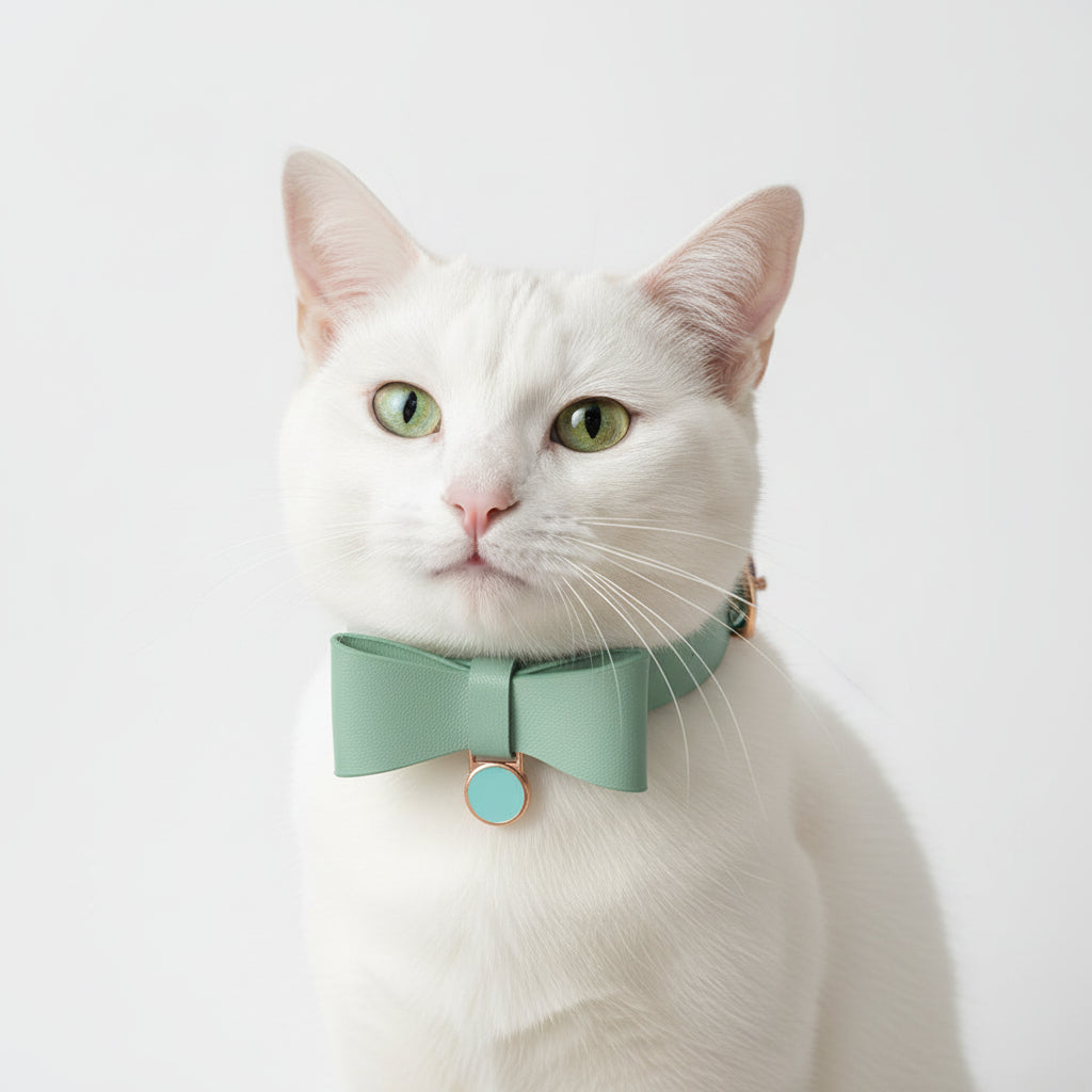 ​Portrait d'un chat blanc portant un collier en cuir vert sauge avec nœud papillon et médaille dorée, isolé sur fond blanc, Palais Félin Paris.