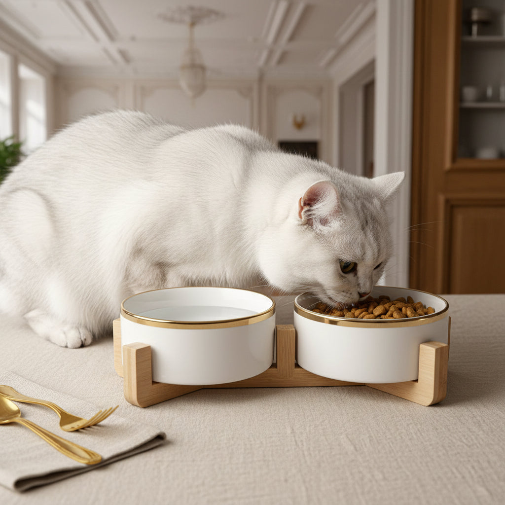 ​Un magnifique chat blanc aux yeux bleus mangeant dans un ensemble de deux gamelles en céramique blanche avec liserés dorés, posé sur une nappe blanche sur une table en bois élégante, signée Palais Félin Paris.
