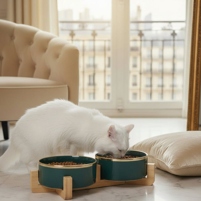 ​Un élégant chat blanc mangeant dans un ensemble de deux gamelles en céramique noire avec liserés dorés, posé sur le sol d'un salon de luxe avec vue sur les toits de Paris, signée Palais Félin Paris.