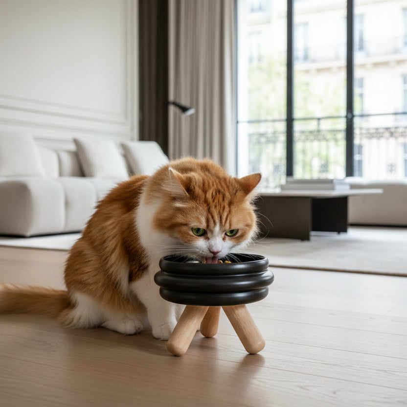 ​Un élégant chat de race mangeant dans une gamelle individuelle au design moderne en céramique noire mate, posée sur son support en bois clair dans un salon de luxe parisien, signée Palais Félin Paris.