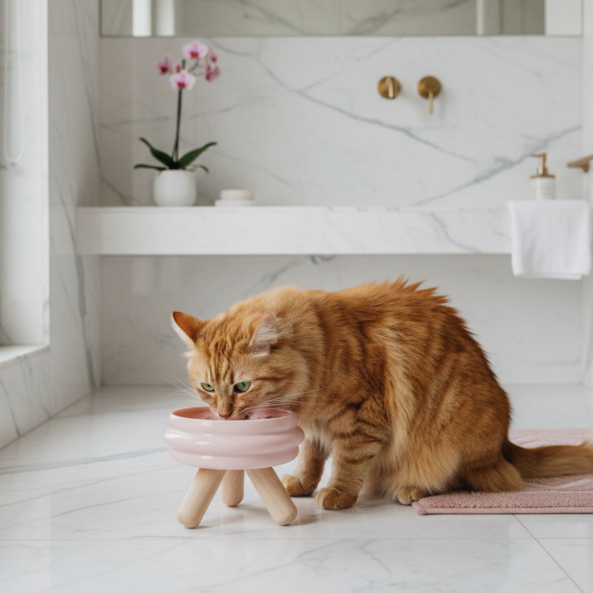 ​Un élégant chat de race mangeant dans une gamelle individuelle au design épuré en céramique rose pastel, posée sur son support en bois clair dans une salle de bain parisienne luxueuse, signée Palais Félin Paris.