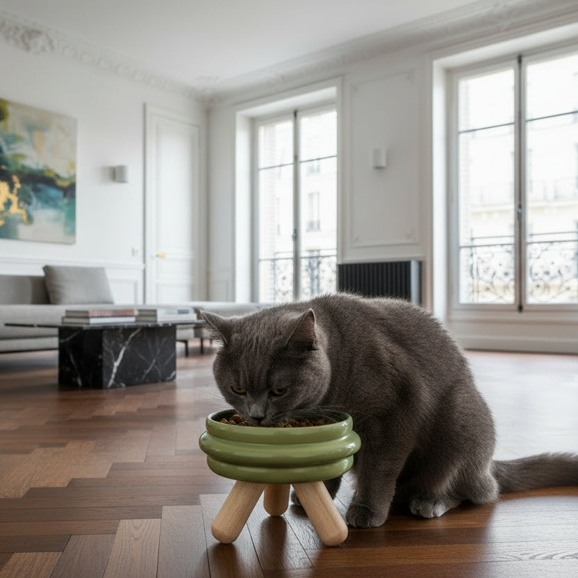 ​Un élégant chat de race mangeant dans une gamelle individuelle au design contemporain en céramique verte, posée sur son support en bois clair dans un salon luxueux à Paris, signée Palais Félin Paris.