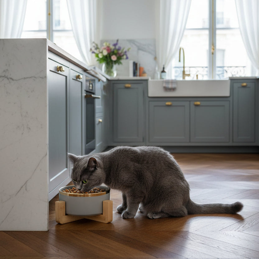 ​Un élégant chat de race Chartreux mangeant dans une gamelle individuelle en céramique blanche avec liseré doré, posée sur son support en bois clair, dans le décor d'une cuisine de luxe d'un appartement parisien, signée Palais Félin Paris.