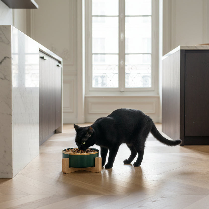 ​Un élégant chat de race Chartreux mangeant dans une gamelle individuelle en céramique noire avec liseré doré, posée sur son support en bois clair, dans le décor d'une cuisine de luxe d'un appartement parisien, signée Palais Félin Paris.