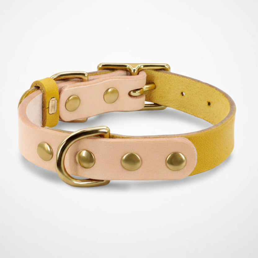 Collier pour chat en cuir synthétique jaune de haute qualité avec finitions métalliques dorées et médaillon central, Palais Félin Paris.