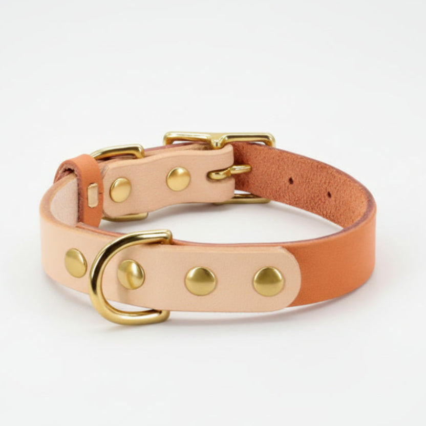 ​collier pour chat en cuir synthétique orange de haute qualité avec finitions métalliques dorées et médaillon central, Palais Félin Paris.