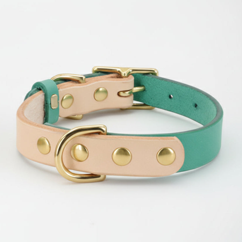 ​Collier pour chat en cuir synthétique vert de haute qualité avec finitions métalliques dorées et médaillon central, Palais Félin Paris.