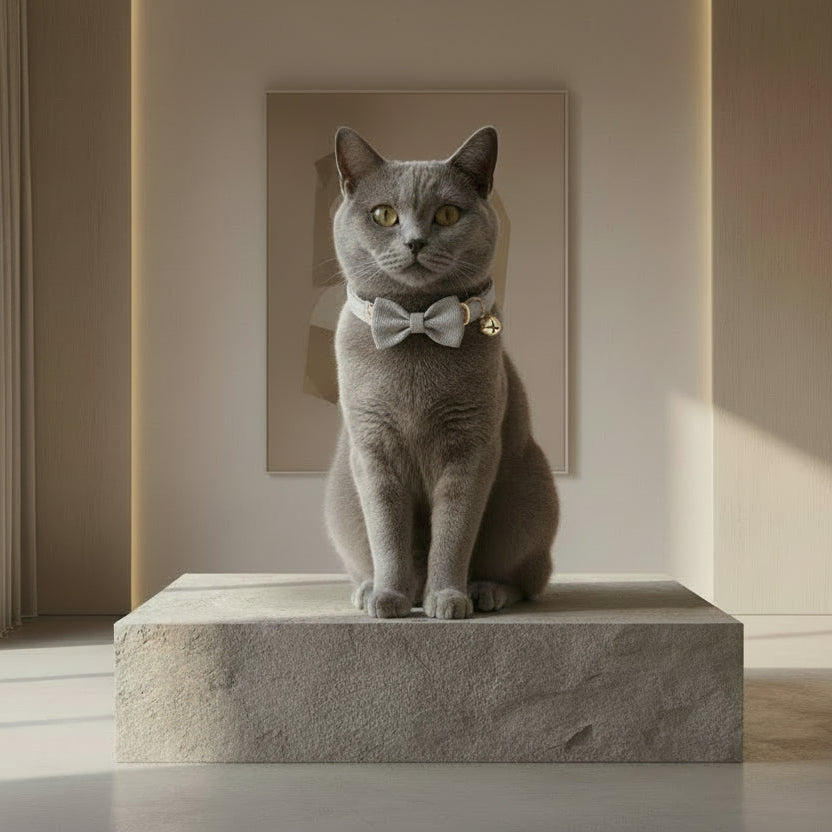 ​Collier gris pour chat en cuir synthétique avec nœud papillon et petite clochette dorée - Palais Félin Paris.
