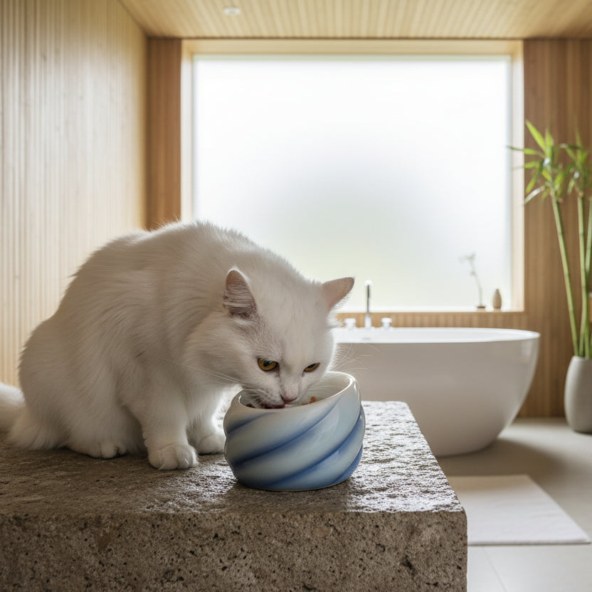 Un chat blanc élégant boit dans une gamelle ronde en céramique bleue aux motifs sculptés en relief, posée sur un support en pierre naturelle dans un intérieur moderne et lumineux, signé Palais Félin Paris.