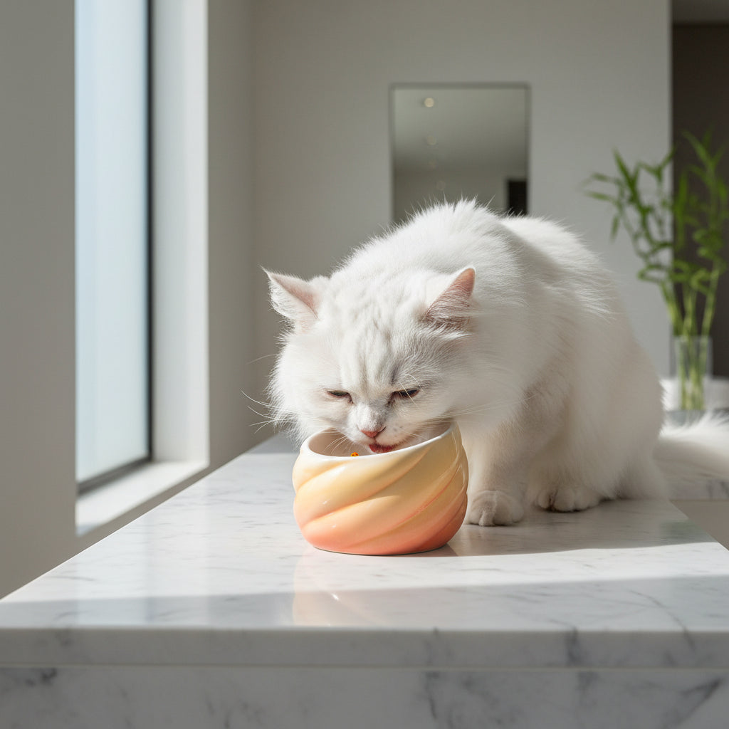 Gamelle design pour chat en céramique orange vibrante aux motifs de vagues artisanales, idéale pour une décoration d'intérieur luxueuse et chaleureuse, signé Palais Félin Paris.