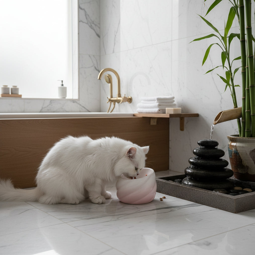 Bol de luxe pour chat en céramique artisanale rose poudré avec finitions sculptées, présenté dans un décor minimaliste et chic pour un chat raffiné, signé Palais Félin Paris