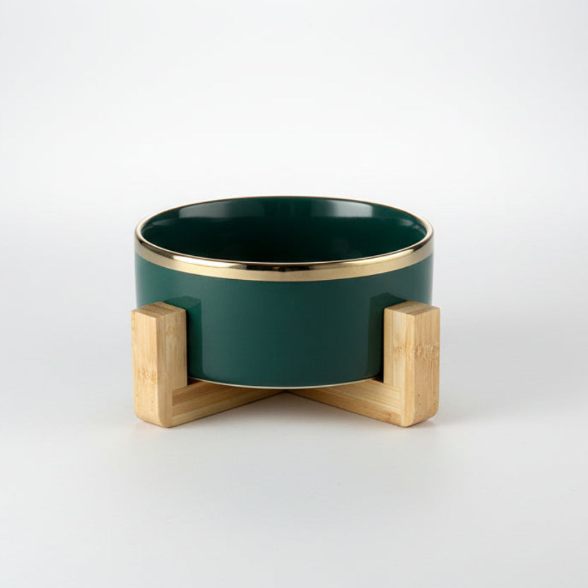 ​Gamelle individuelle haut de gamme pour chat en céramique noire brillante avec un liseré doré élégant, posée sur un support minimaliste en bois clair croisé, signée Palais Félin Paris.