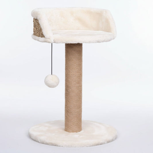 ​Griffoir pour chat en forme de chaise design en jonc de mer avec pompon suspendu, élégance et confort par Palais Félin Paris.