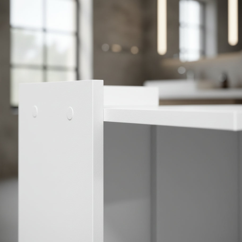 Détail rapproché de la finition bois blanc du meuble pour chat. L'image montre la qualité du revêtement lisse et lumineux, offrant un aspect prestigieux et une grande facilité d'entretien pour un mobilier félin haut de gamme chez Palais Félin Paris.
