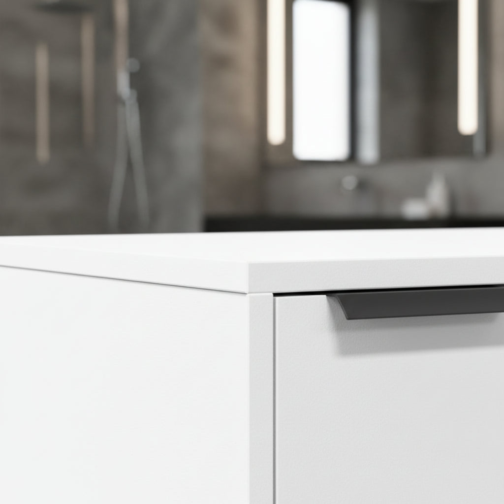 Une prise de vue en gros plan détaillé de la surface en bois d'ingénierie haute qualité du meuble pour chat Blanc Albâtre. L'image met en valeur la finition lisse, durable et le coloris pur du matériau, conçu pour s'intégrer avec élégance dans un salon moderne ou une salle de bain de luxe, par Palais Félin Paris.
