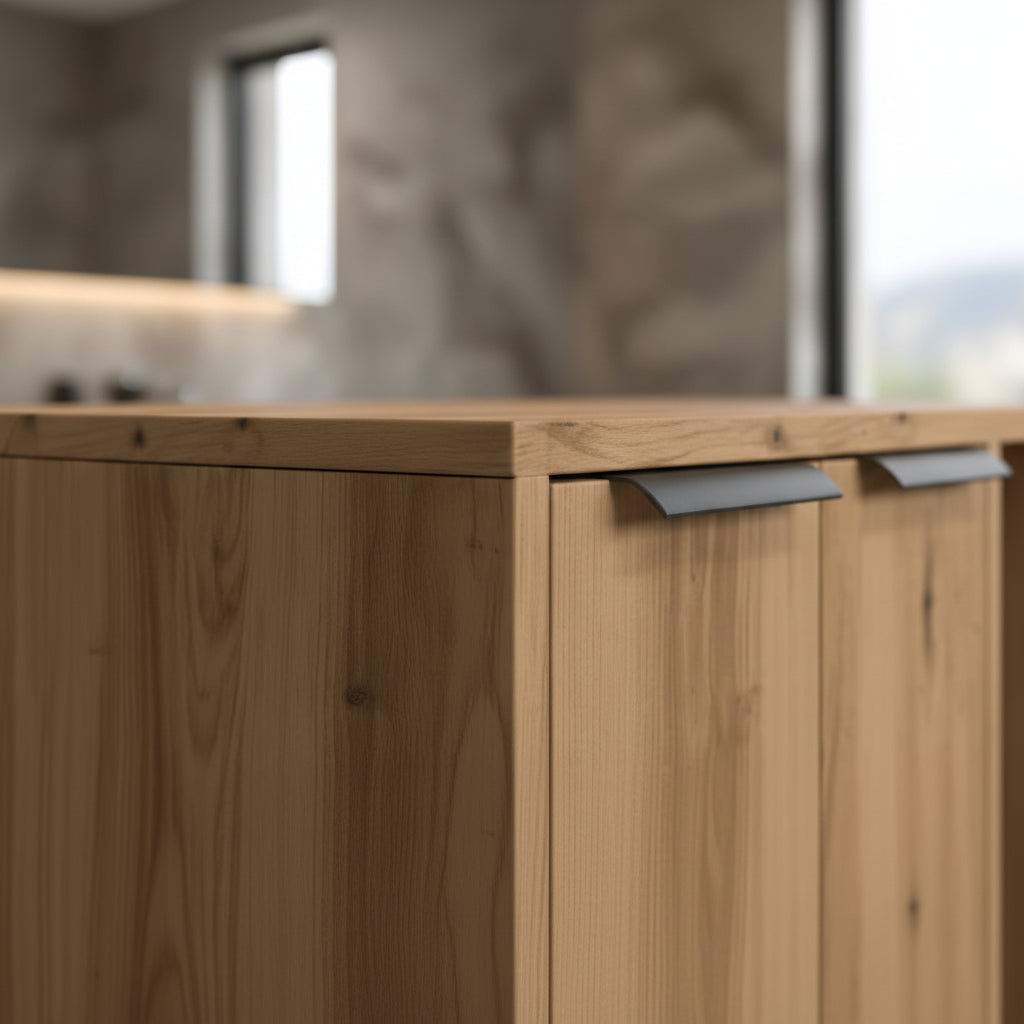 Prise de vue rapprochée de la texture boisée du coloris chêne doré. L'image révèle les nuances marron riches et le veinage naturel du matériau, garantissant un aspect bois authentique et une finition de luxe pour votre mobilier félin chez Palais Félin Paris.