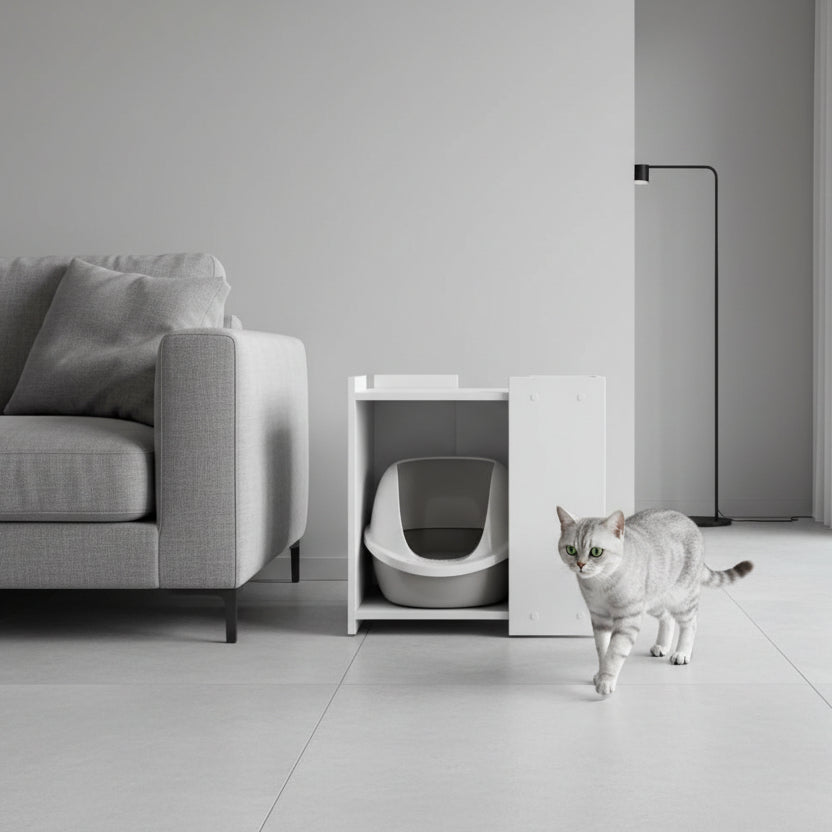 Mise en scène du meuble bibliothèque pour chat bois blanc dans un salon contemporain. Harmonisé avec une décoration claire, ce meuble double fonction sublime l'espace tout en offrant un refuge privé et anti-odeur pour le chat, signé Palais Félin Paris.