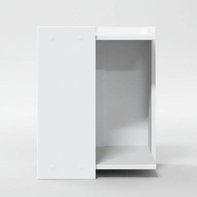 Vue de profil du meuble pour chat multifonction en bois blanc, soulignant sa structure fine et élégante. Conçu en bois d'ingénierie durable, ce meuble haut de gamme fait office de cache-litière invisible ou de niche de repos pour une intégration parfaite dans un intérieur de luxe, par Palais Félin Paris.