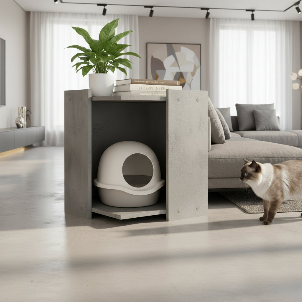 Le meuble bibliothèque pour chat au fini chêne cérusé, élégamment mis en scène dans un salon raffiné. Ce mobilier double fonction dissimule avec prestige une litière ou un coussin tout en offrant des étagères de décoration. Palais Félin Paris.
