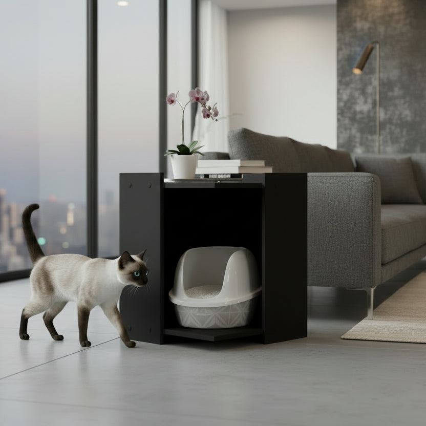Le meuble bibliothèque pour chat noir mat élégamment mis en scène dans un salon moderne. Sa finition mate profonde absorbe la lumière pour un rendu luxueux, dissimulant parfaitement la litière ou le coin repos tout en servant de support de décoration raffiné, signé Palais Félin Paris.
