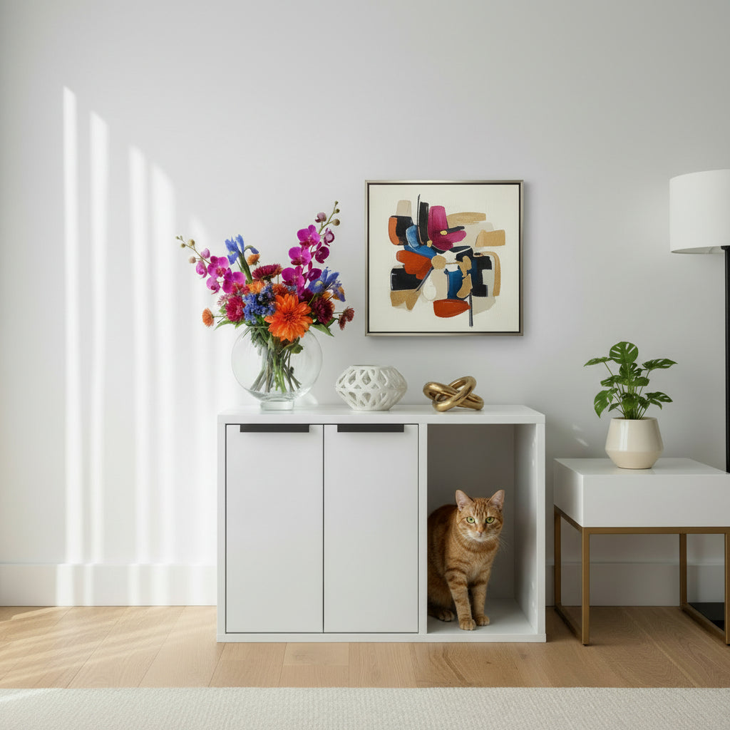 Un meuble pour chat haut de gamme au fini Blanc Albâtre élégant, mis en scène dans un salon moderne et lumineux. Utilisé comme table d'appoint à côté d'un canapé contemporain, ce meuble en bois d'ingénierie durable offre une solution anti-odeur raffinée pour accueillir une litière ou un coussin, par Palais Félin Paris.