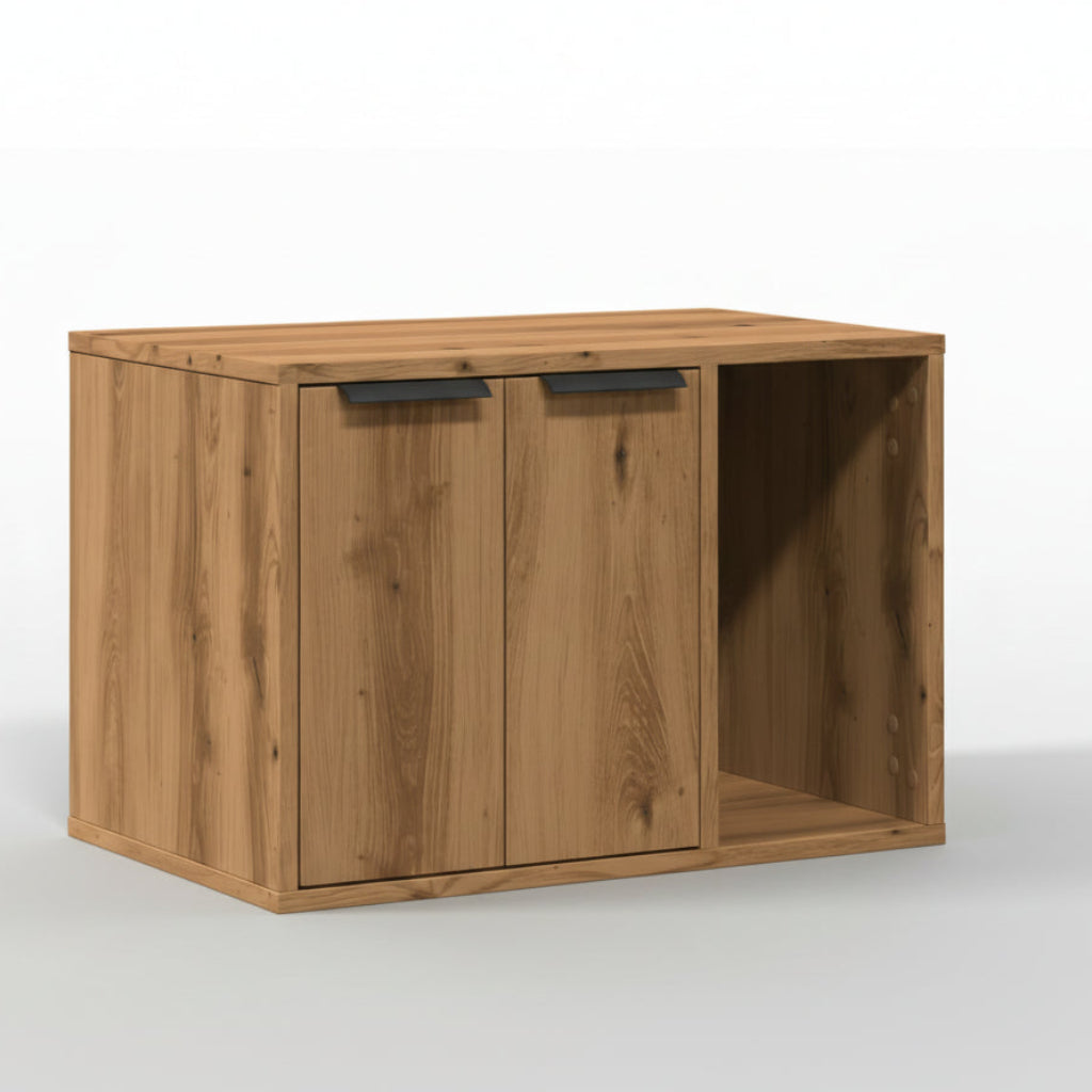 Buffet cache-litière de luxe en bois chêne doré Palais Félin Paris, meuble console pour chat au design chaleureux et anti-odeur, enfilade en bois marron élégante pour dissimuler discrètement une litière.