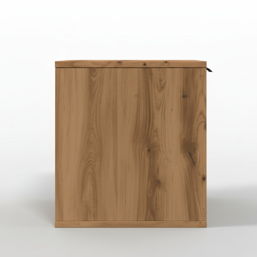 Une vue de profil sur fond neutre soulignant la profondeur compacte du meuble pour chat en chêne doré. Ce fini marron naturel met en valeur la silhouette moderne de ce cache-litière conçu en bois d'ingénierie durable de haute qualité, signé Palais Félin Paris.