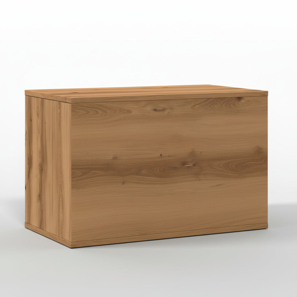 Vue arrière du meuble pour chat en chêne doré, montrant une finition soignée sur toutes les faces. Sa structure robuste en bois d'ingénierie assure une longévité et une intégration parfaite dans une décoration d'intérieur raffinée, par Palais Félin Paris.