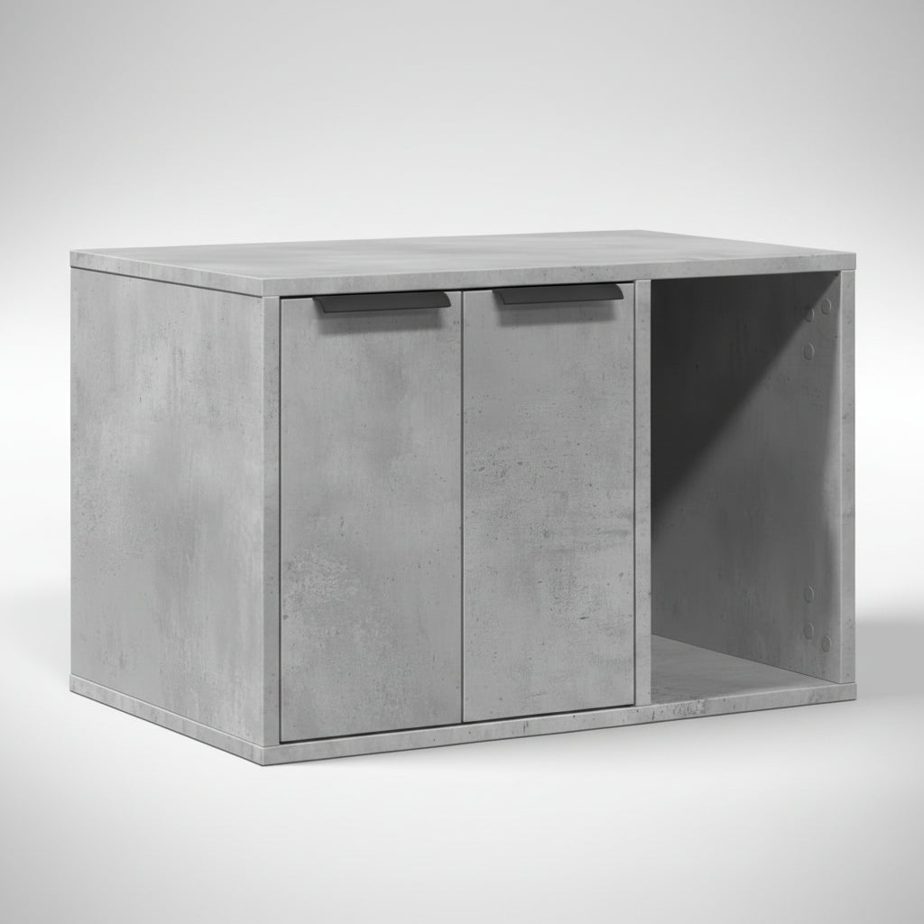 Buffet cache-litière de luxe en bois cérusé gris clair Palais Félin Paris, meuble console pour chat au design contemporain et anti-odeur, solution esthétique pour dissimuler un bac à litière ou créer un espace de repos.