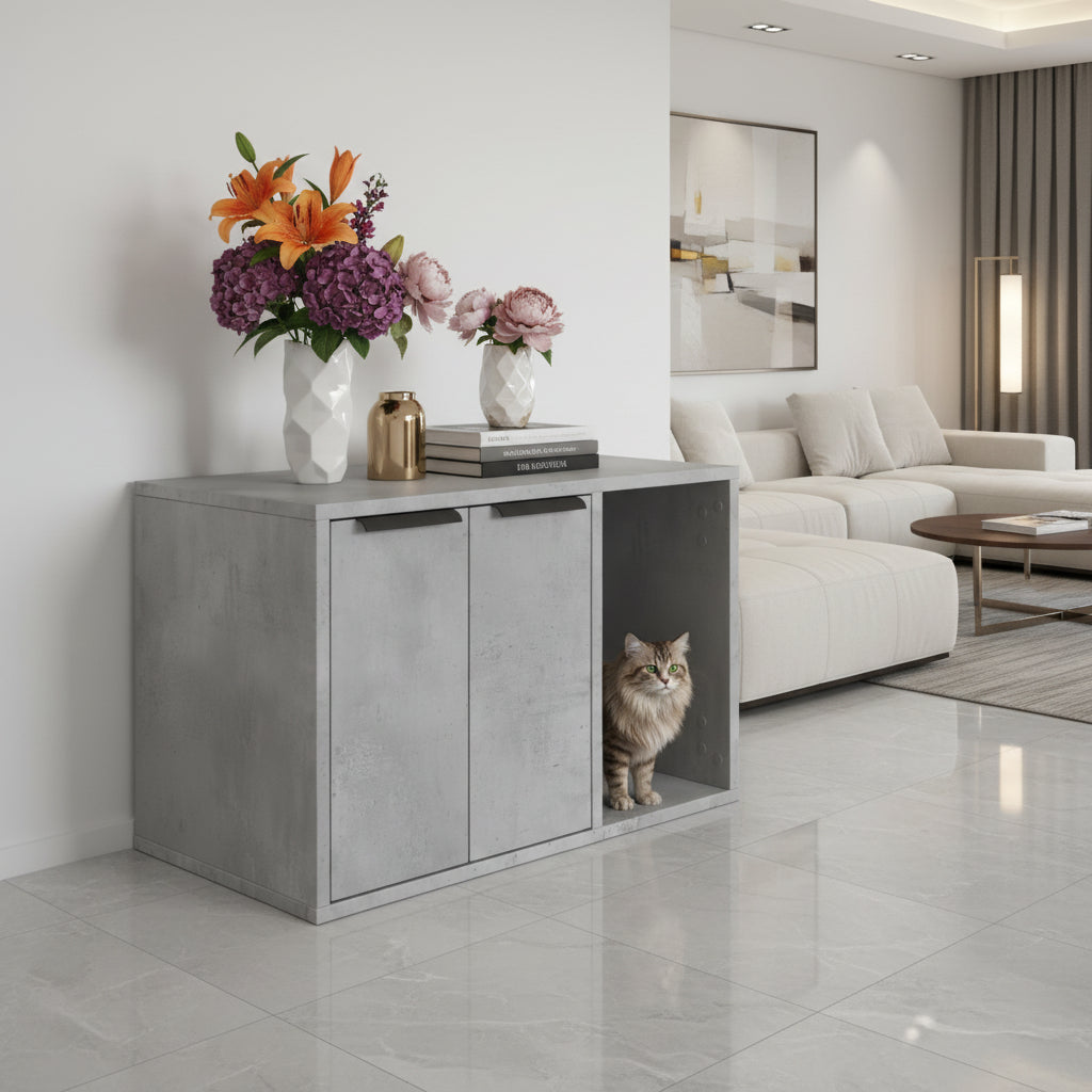 Un meuble pour chat haut de gamme au fini chêne gris contemporain, élégamment mis en scène dans un salon moderne. Placé à côté d'un canapé design, ce meuble en bois d'ingénierie durable sert de table d'appoint tout en offrant un cache-litière ou une niche anti-odeur raffinée, par Palais Félin Paris.