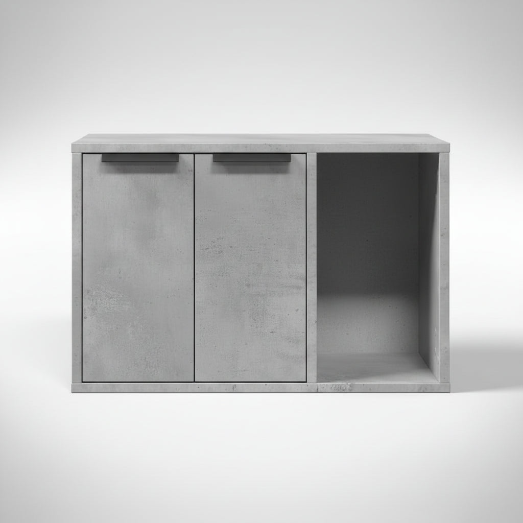 Une vue de face parfaitement alignée sur fond neutre du meuble pour chat haut de gamme au fini chêne gris élégant. Son design minimaliste, identique aux autres coloris, est conçu pour dissimuler une litière ou un coussin, offrant une solution esthétique et anti-odeur pour un salon moderne ou une salle de bain de luxe, par Palais Félin Paris.