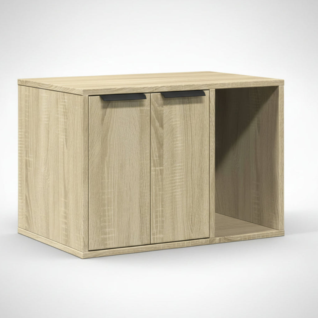 Buffet cache-litière de luxe en bois chêne sablé Palais Félin Paris, meuble console pour chat au design naturel et anti-odeur, enfilade bois clair élégante pour dissimuler une litière ou un coussin.