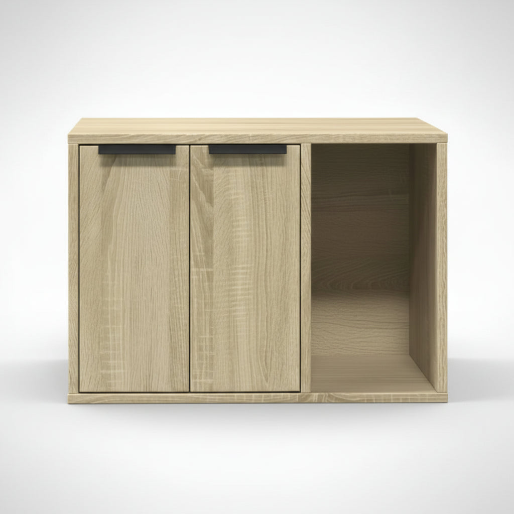 Une vue de face parfaitement alignée sur fond neutre du meuble pour chat haut de gamme de petite taille au fini chêne sablé naturel. Son design minimaliste aux lignes pures dissimule une litière ou un coussin, offrant une solution esthétique et anti-odeur idéale pour un salon moderne, par Palais Félin Paris.
