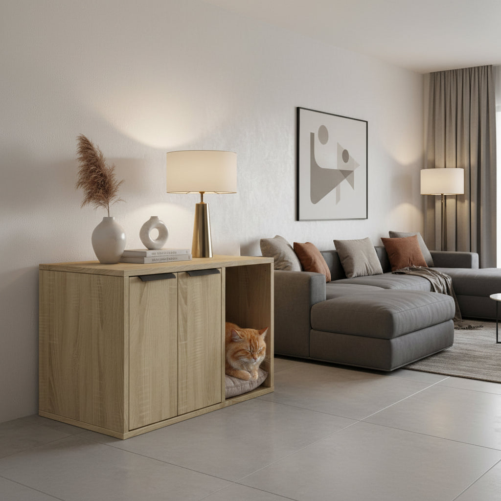 Le meuble pour chat de petite taille au fini chêne sablé, mis en scène dans un salon moderne. Utilisé comme table d'appoint raffinée à côté d'un canapé, ce meuble en bois d'ingénierie allie charme naturel et fonctionnalité anti-odeur, signé Palais Félin Paris.