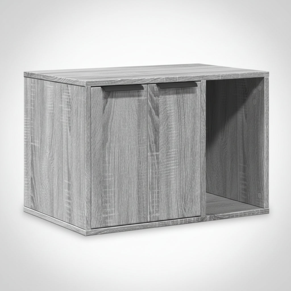 Buffet cache-litière de luxe gris argenté Palais Félin Paris, meuble console pour chat au design contemporain et anti-odeur, enfilade élégante en bois teinté argent pour dissimuler une litière ou un espace de repos.