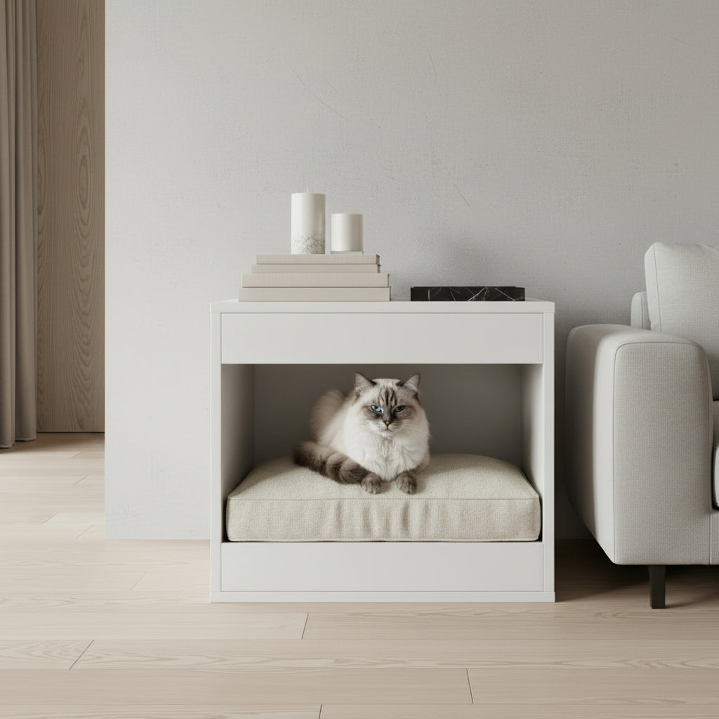 Un chat Sacré de Birmanie se repose confortablement sur un coussin moelleux à l'intérieur du meuble blanc multifonction. Le meuble est utilisé comme table d'appoint dans un salon au design épuré et luxueux, à côté d'un canapé moderne, signé Palais Félin Paris.